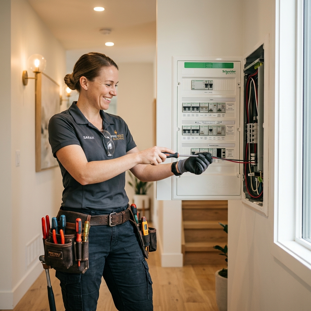 Friendly local electrician working on breaker box