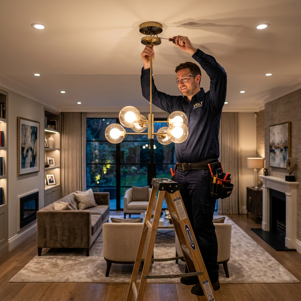 Electrician installing modern lighting