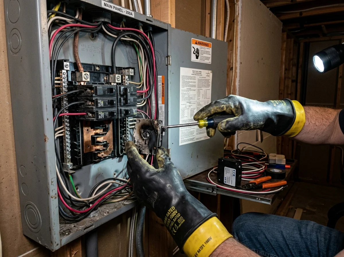 Licensed electrician troubleshooting burned circuit breaker inside residential panel in Murfreesboro TN