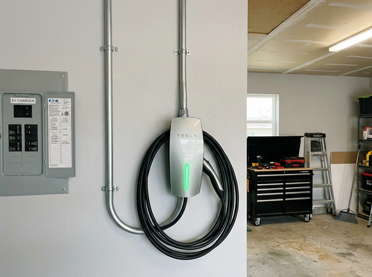 Tesla Wall Connector 48A Level 2 EV charger hardwired with EMT conduit in Murfreesboro garage