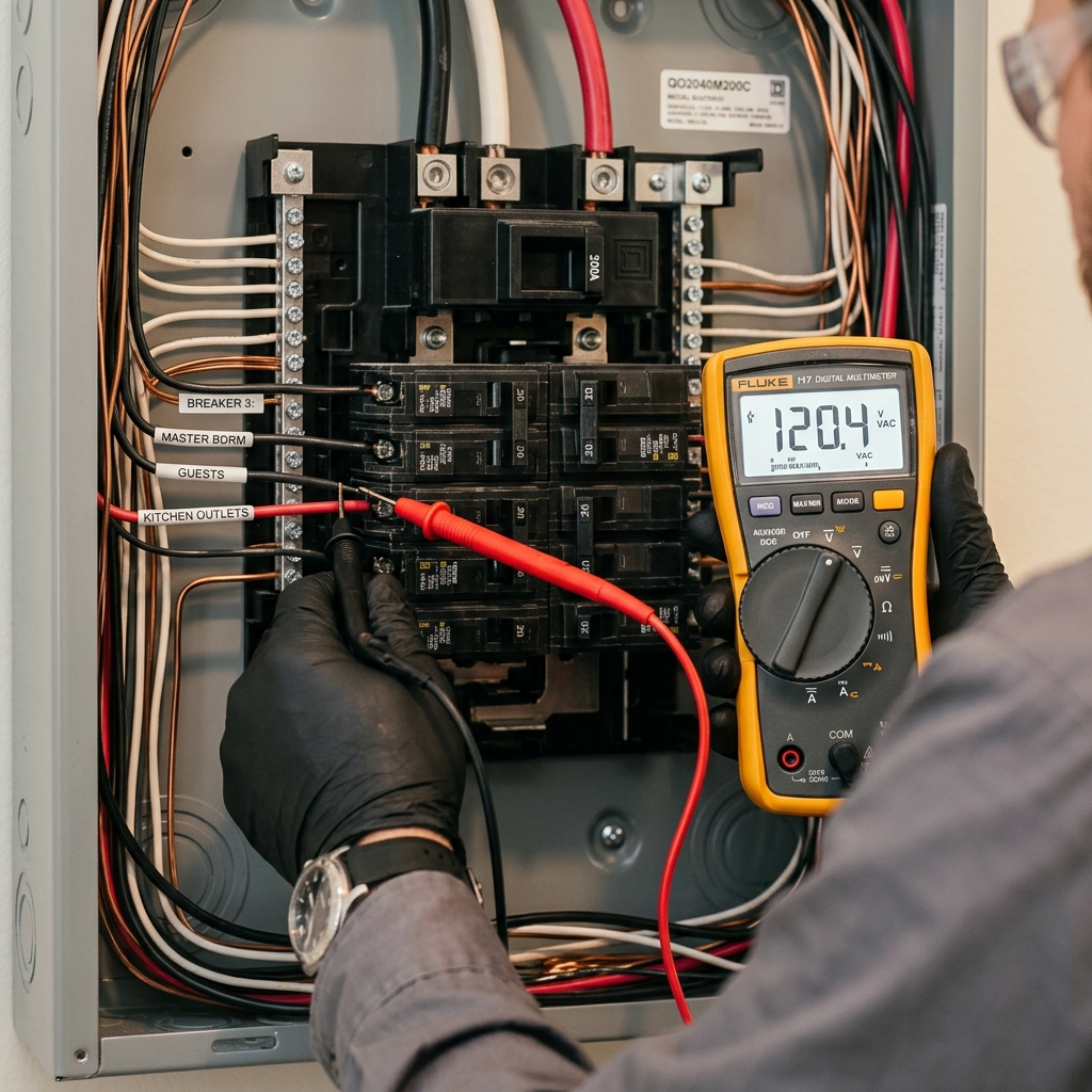 Electrician Using Digital Multimeter to Check Voltage Drop in Murfreesboro TN